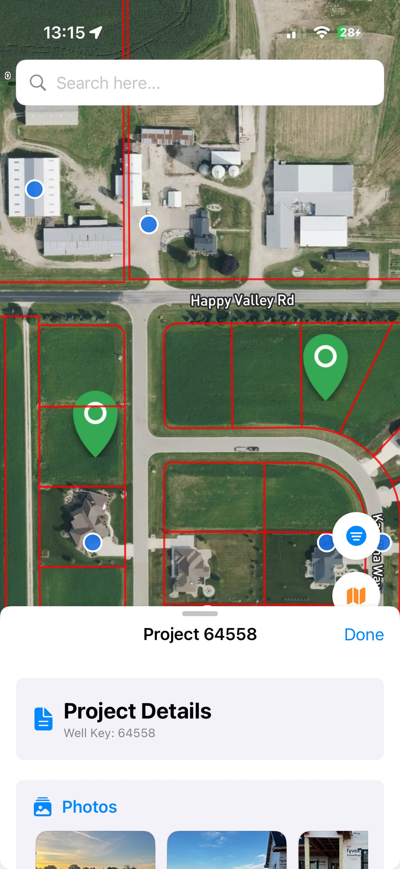 DrillerDB mobile field app — well map with GPS and parcel details