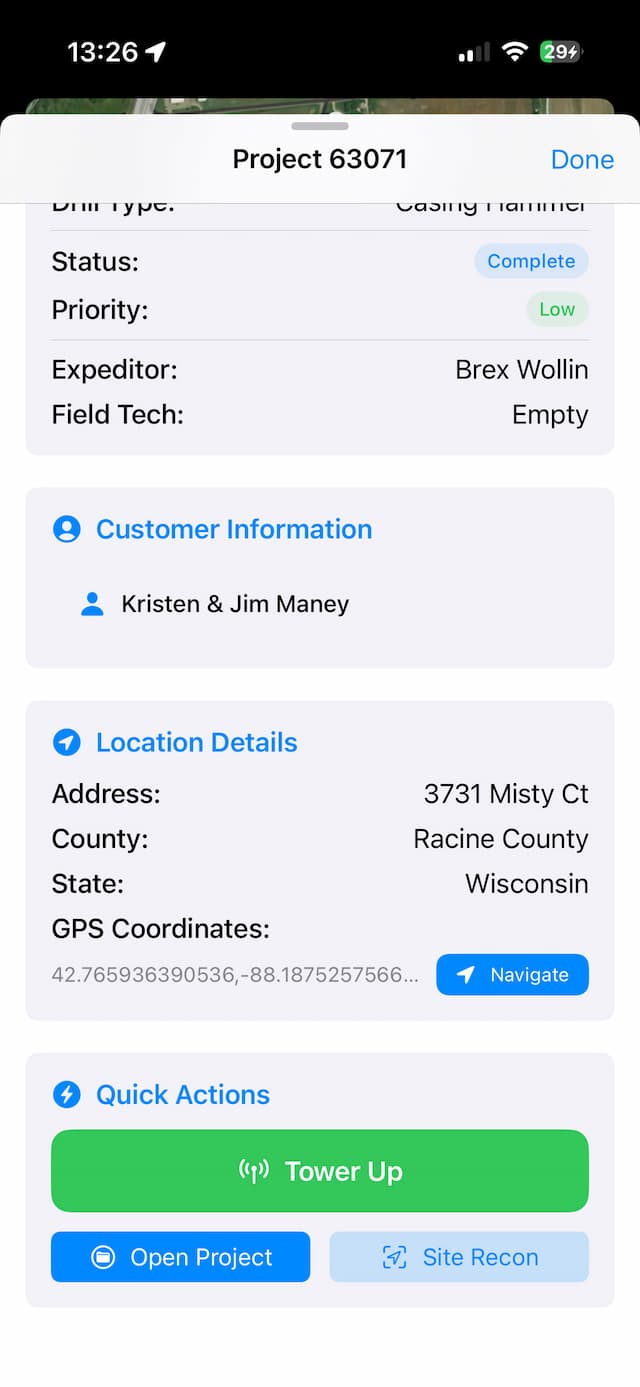 DrillerDB Mobile — Project details with GPS, customer info, and quick actions