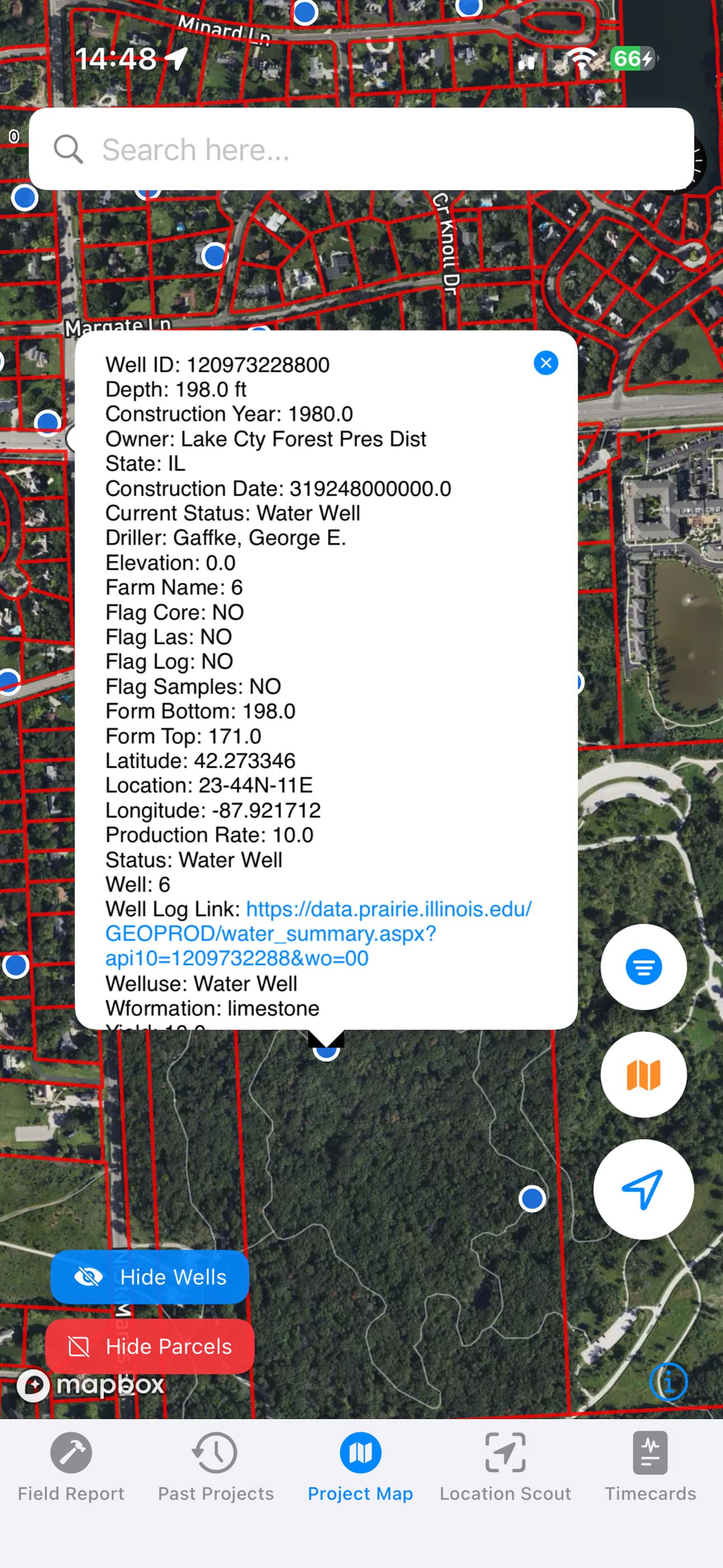 DrillerDB mobile — well data overlay with geology and parcel details