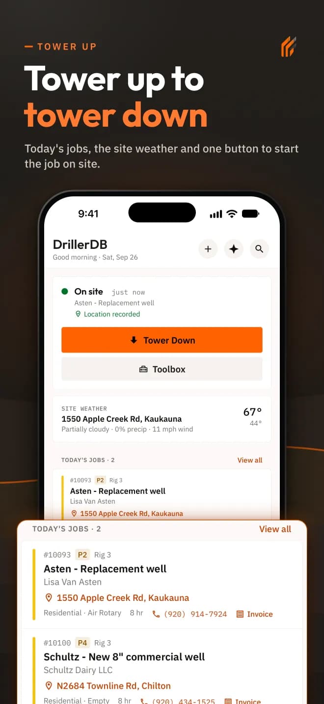 Today's jobs and the Tower Down button in DrillerDB 2.0 for iPhone