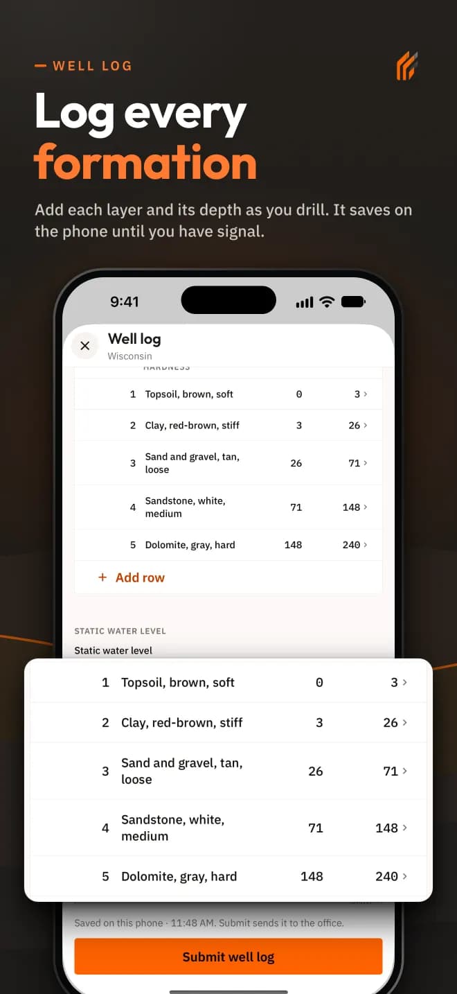 Well log screen in DrillerDB 2.0 for iPhone