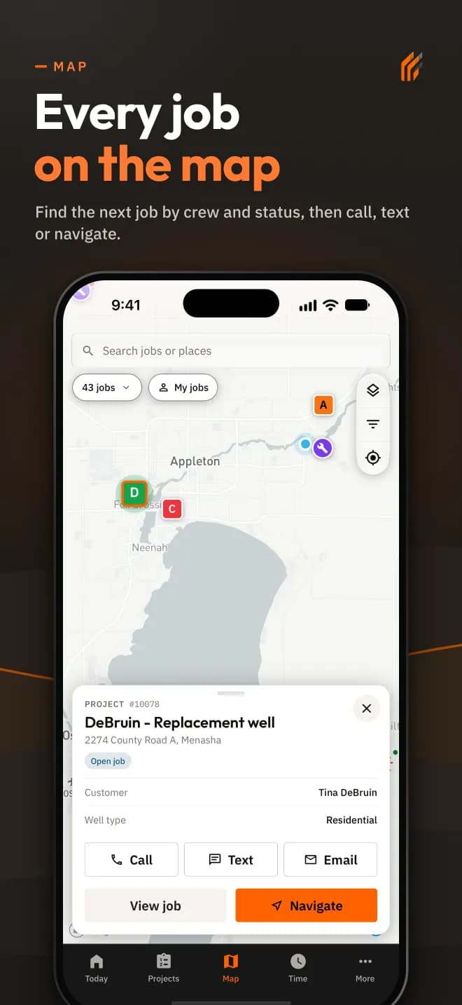 Jobs on the map with a job card in DrillerDB 2.0 for iPhone