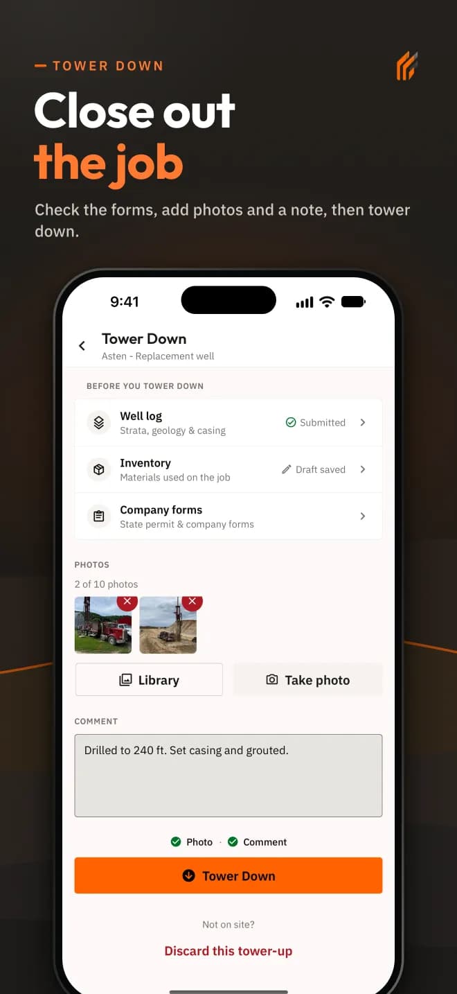 Tower down screen in DrillerDB 2.0 for iPhone