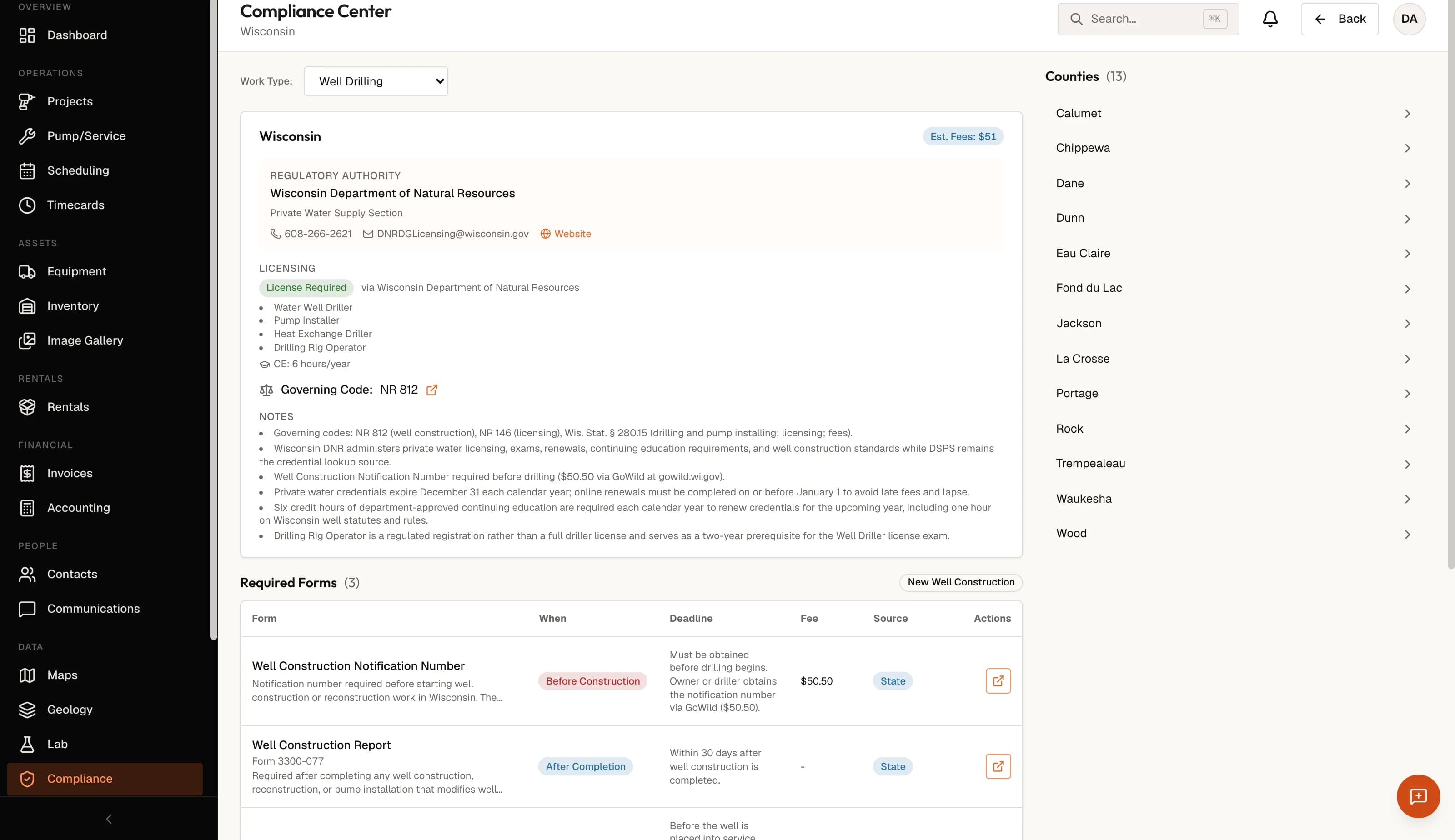 DrillerDB Compliance Center for Wisconsin — regulatory authority, licensing, governing code, county rules and required forms with deadlines and fees