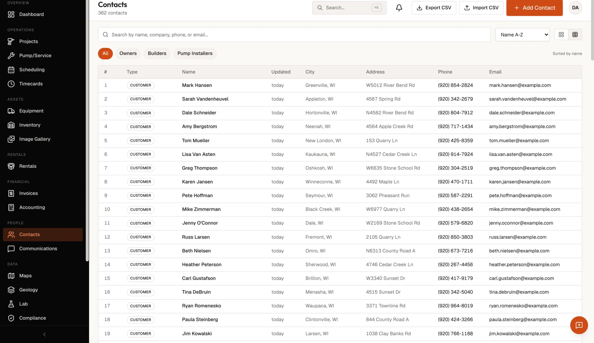 DrillerDB contacts — customers, builders and pump installers with addresses, phones and emails