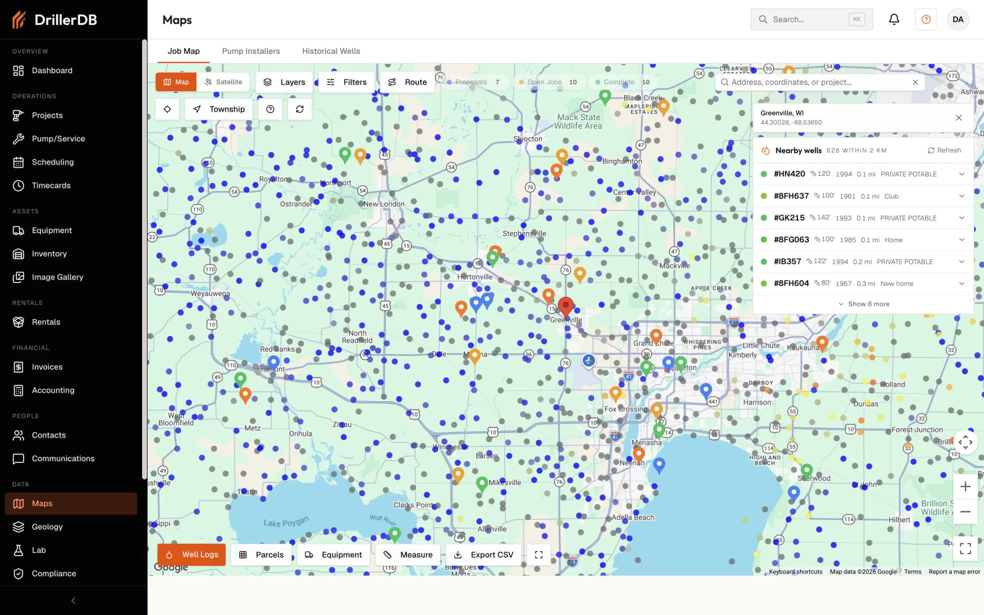 DrillerDB well intelligence map — thousands of well records with depths, years and uses