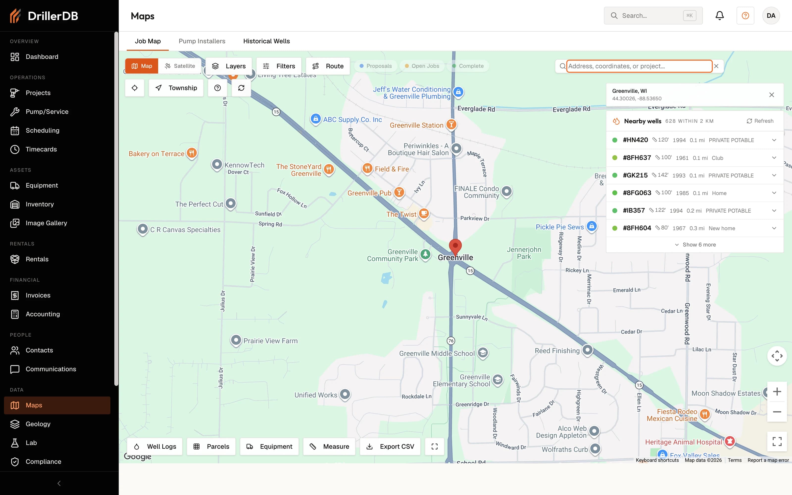 DrillerDB map — job pin in Greenville, WI with 628 nearby wells listed by depth, year and distance