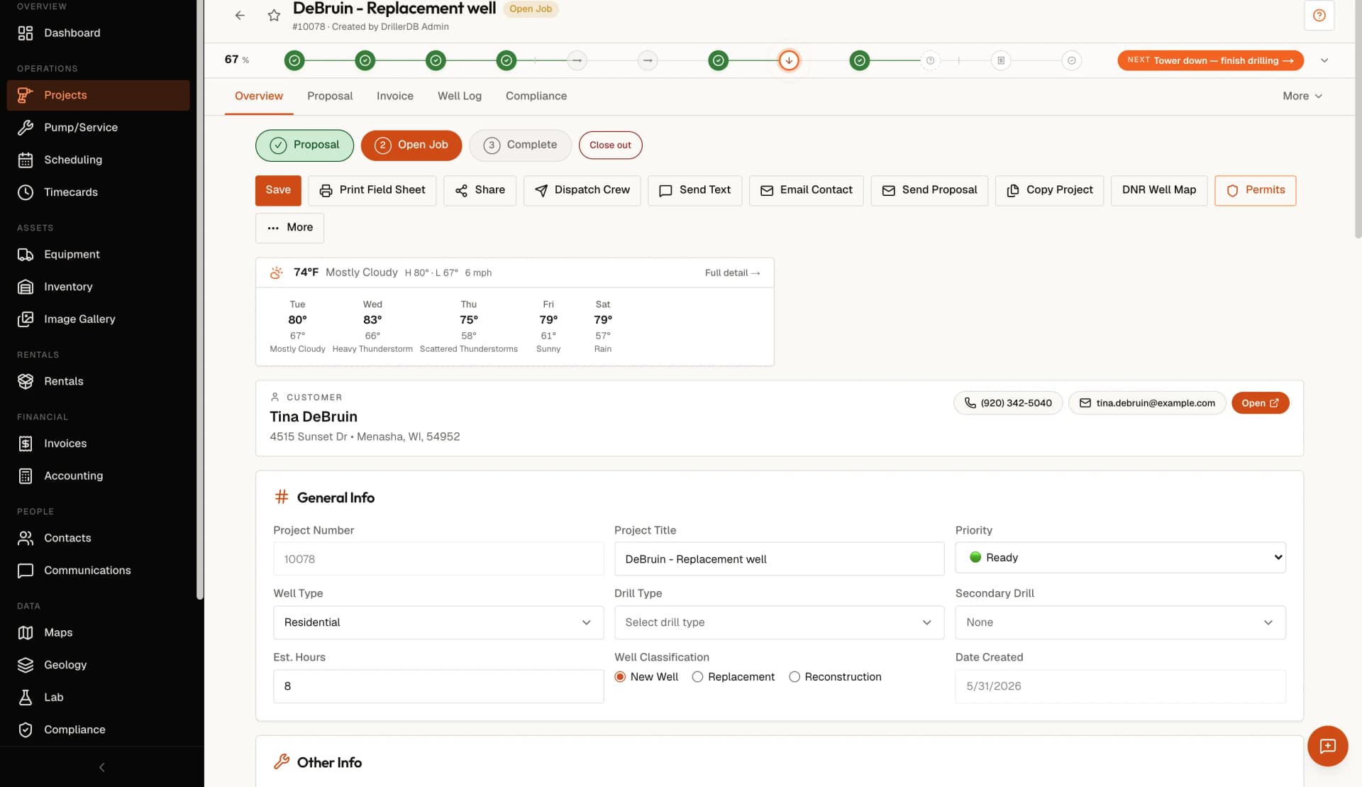 DrillerDB project file — progress tracker, site weather, customer card and job actions