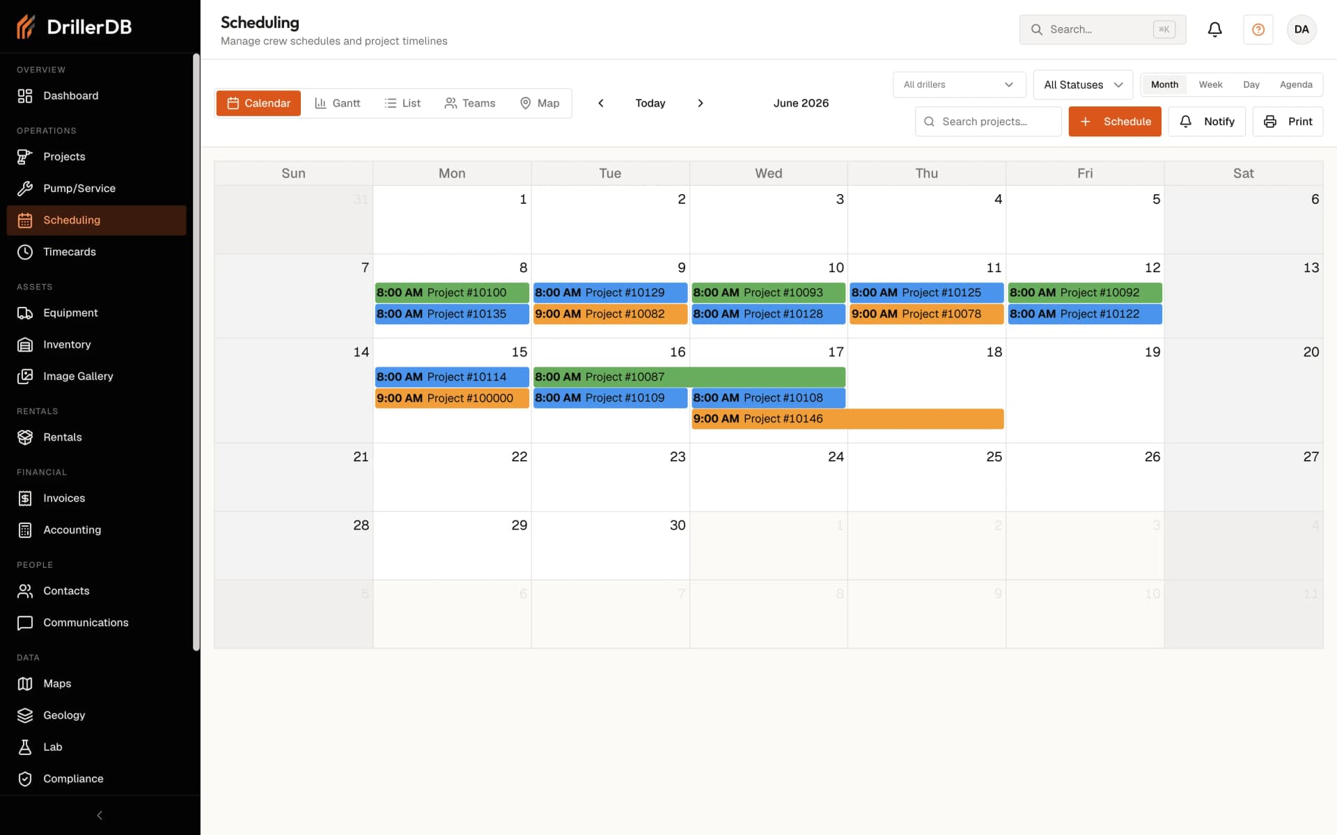 DrillerDB scheduling calendar with color-coded drilling and service jobs across the month