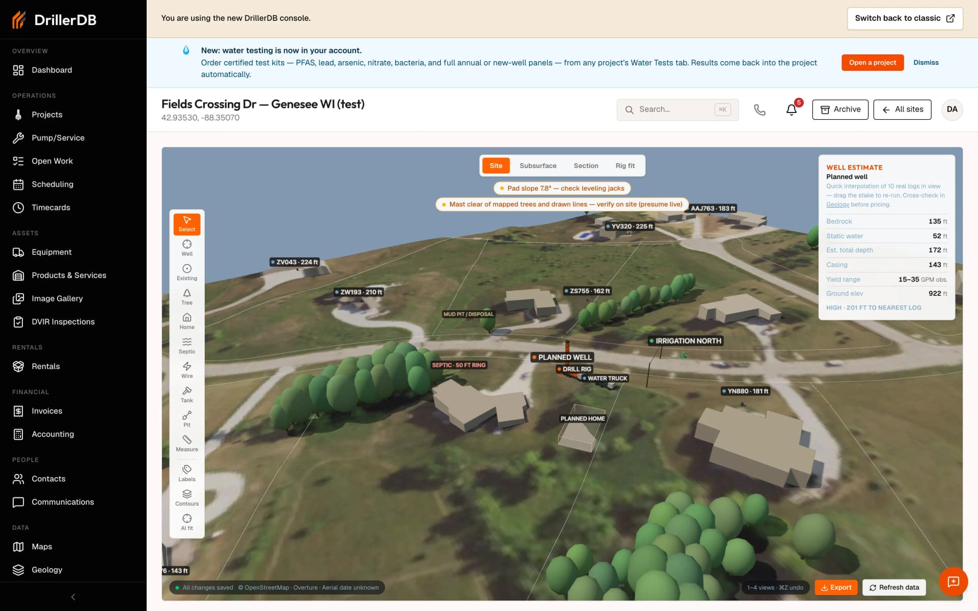 DrillerDB 3D Site Planner - staked well, drill rig, and septic setback ring on real terrain with a live depth estimate