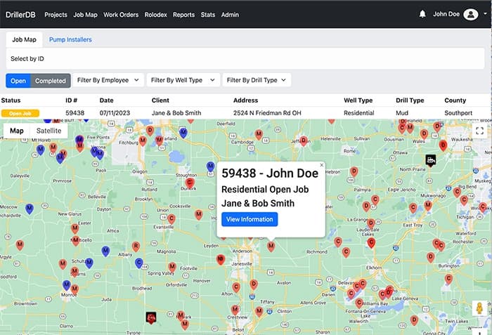 DrillerDB interactive map showing wells, parcels, and project locations