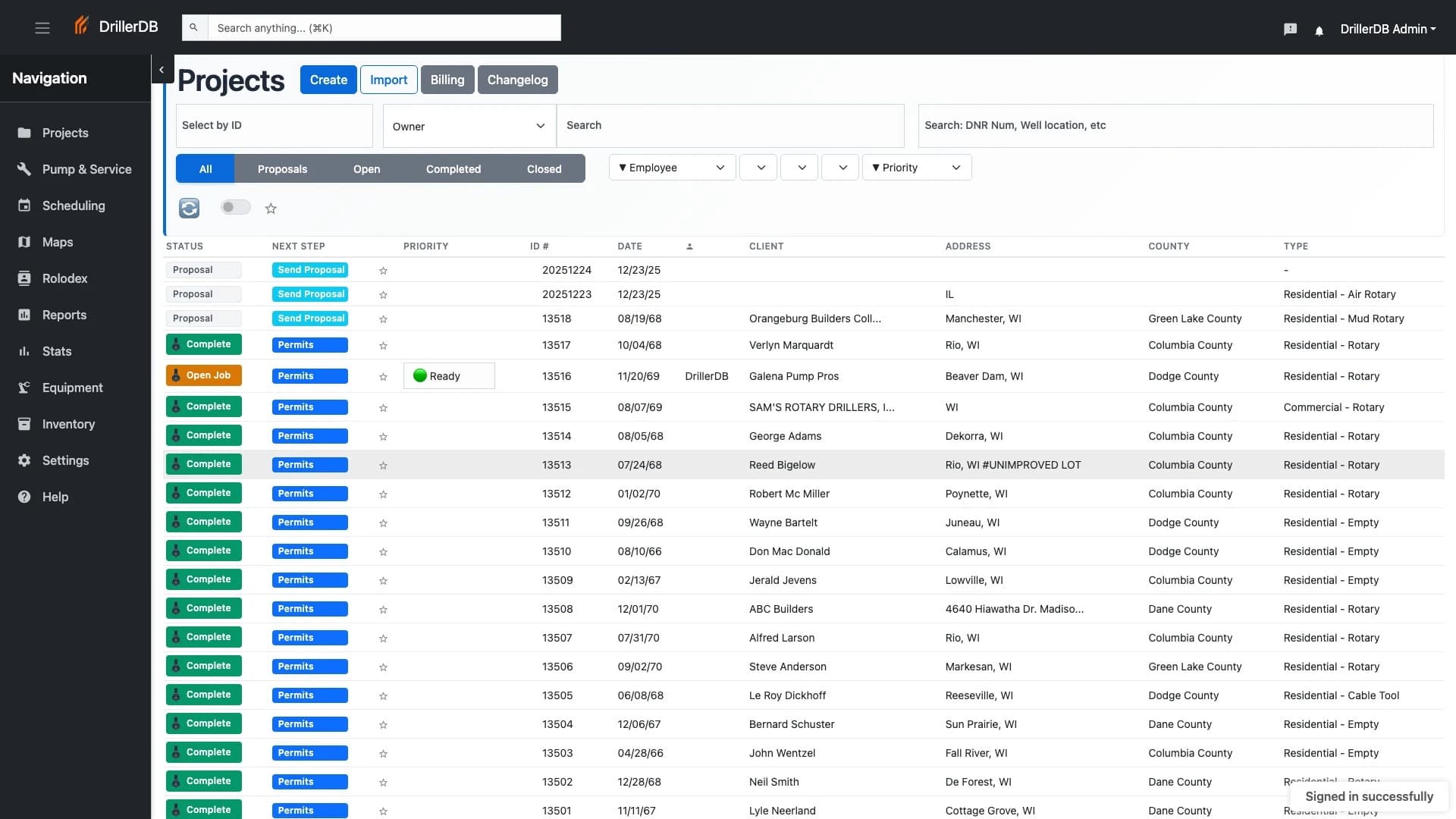 DrillerDB project dashboard showing well data, scheduling, and compliance