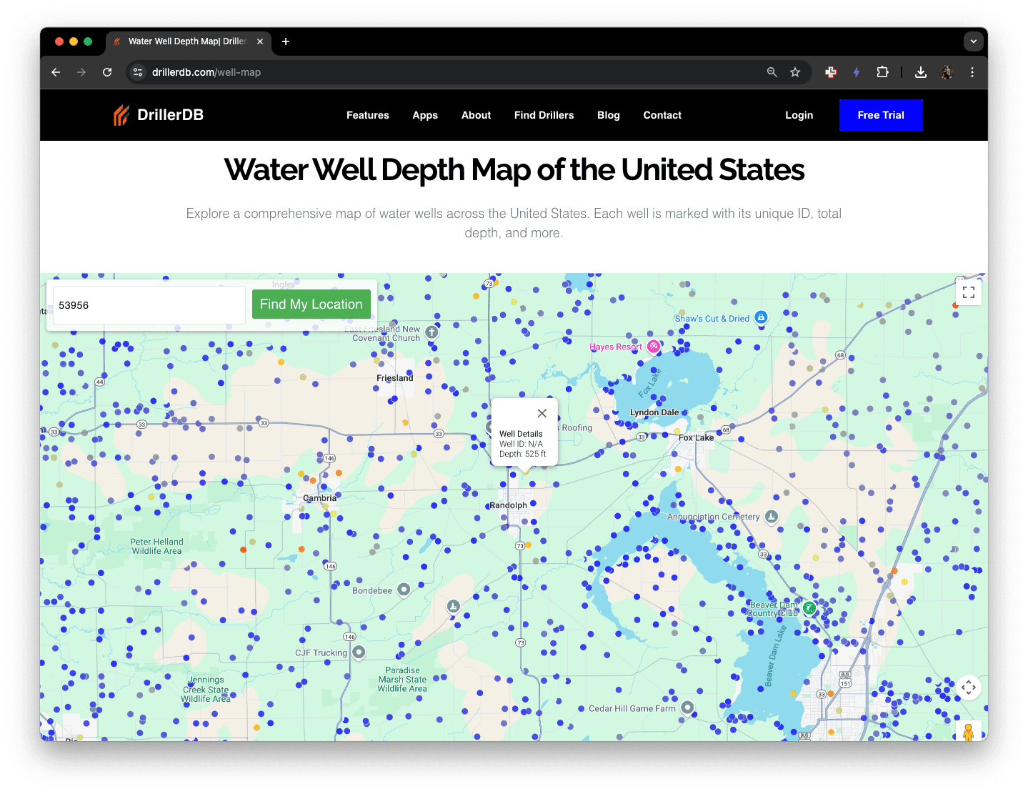 Map illustrating how water table and well depth vary by location