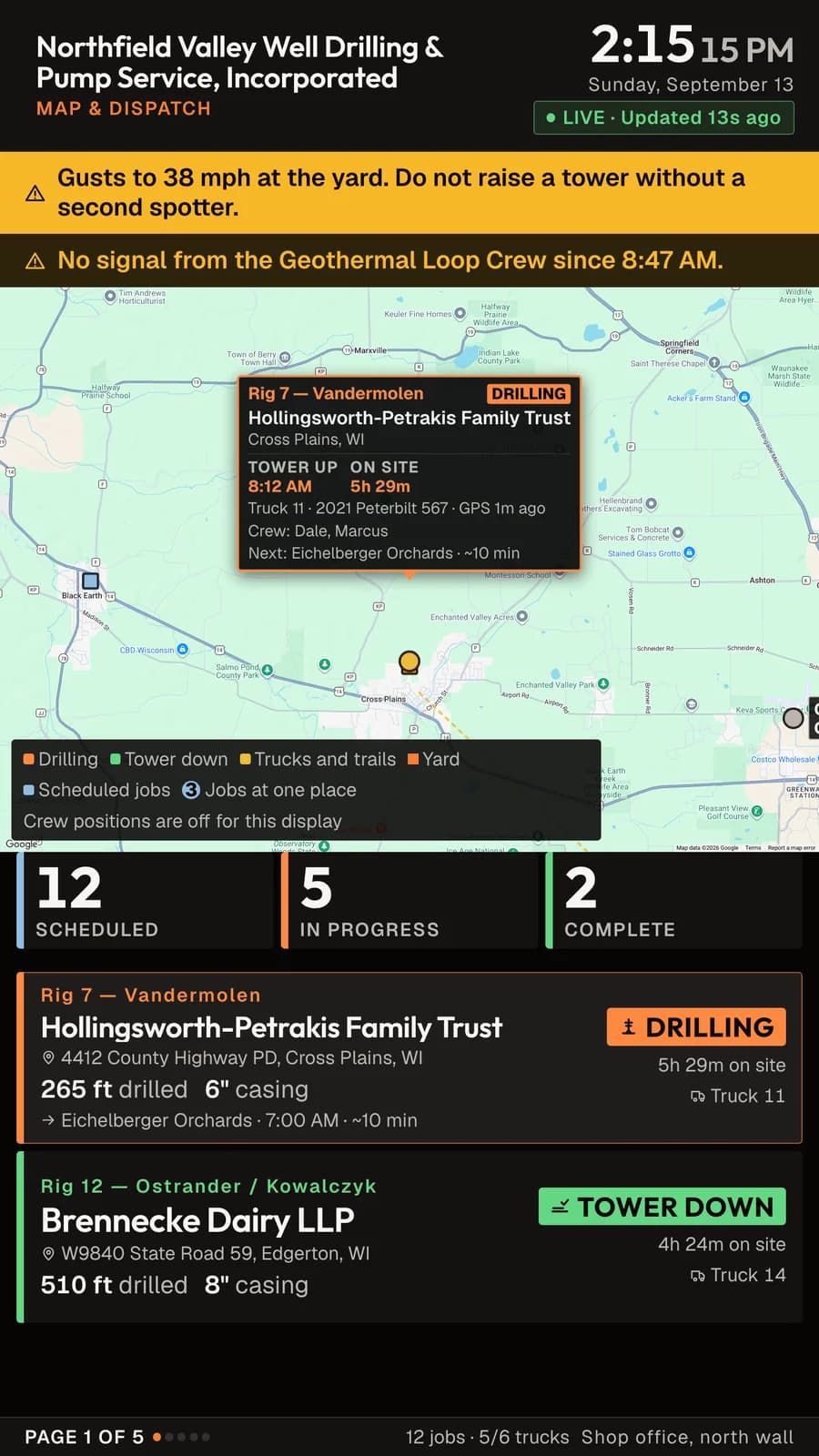 The Map and Dispatch board with the map holding on one crew: a callout naming the rig, the customer, the town, the tower-up time, five and a half hours on site, the truck, the crew, and the next job ten minutes away, with the crew rows underneath.