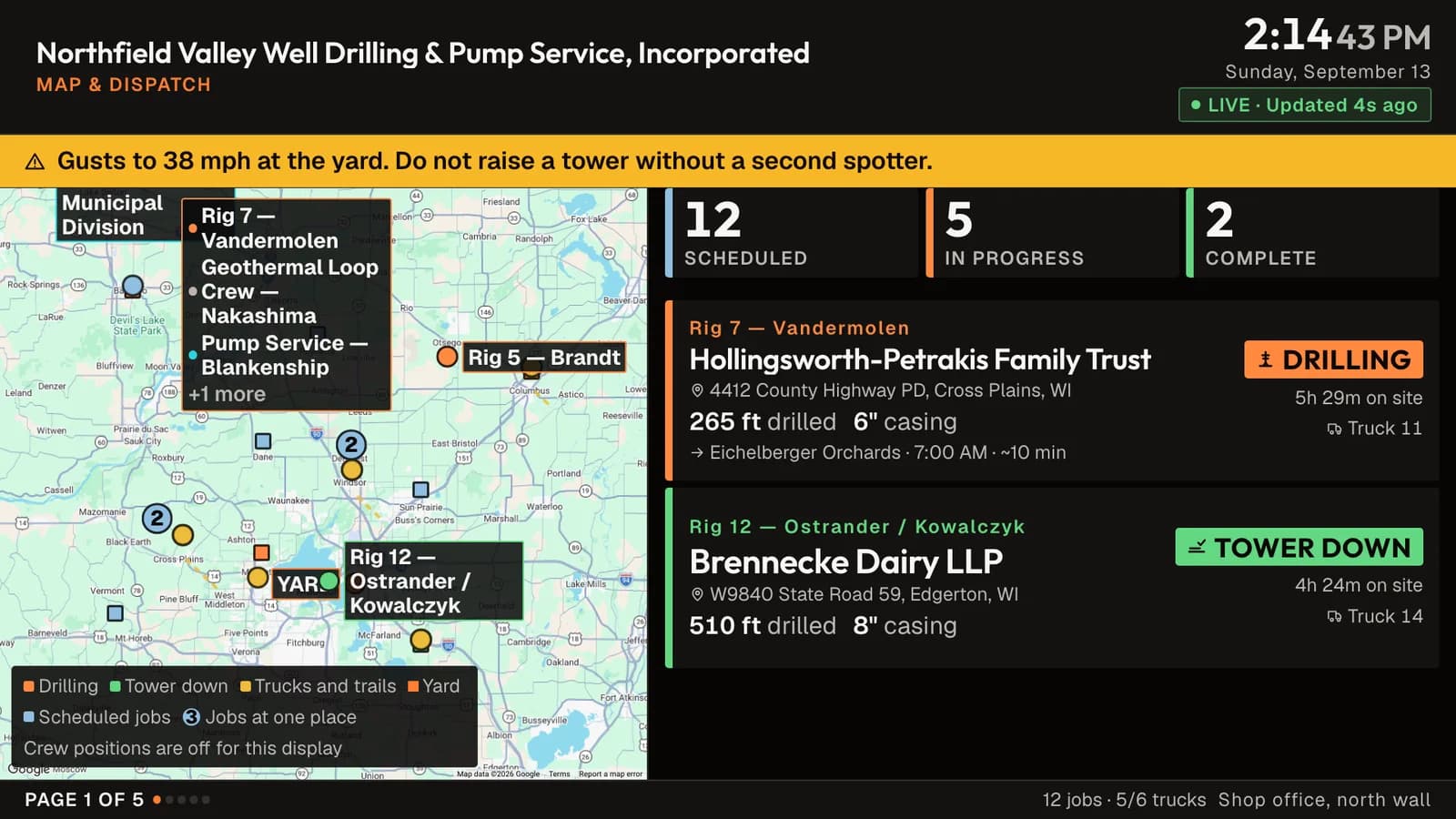 The Map and Dispatch board on a wall screen: a live map of the territory with crew, rig and job pins in their status colors, and crew rows beside it naming the customer, the address, the status and the next job.