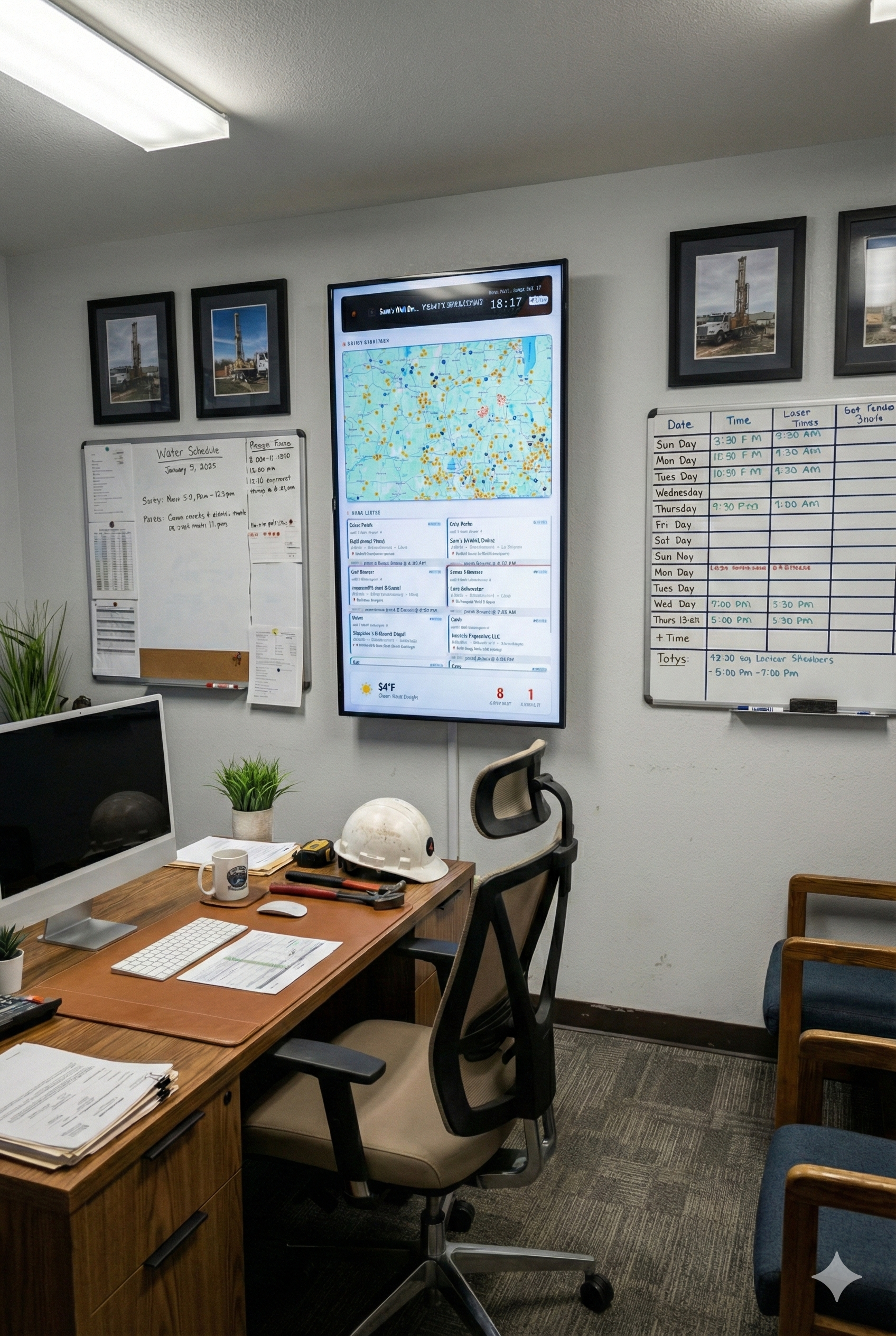 DrillerDB TV Dashboard mounted on office wall showing real-time drilling operations map