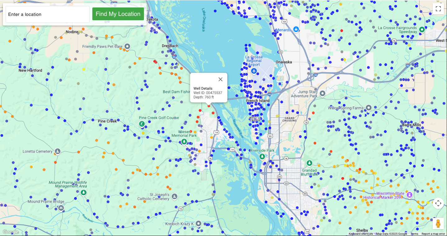 Screenshot of DrillerDB interactive water-well depth map