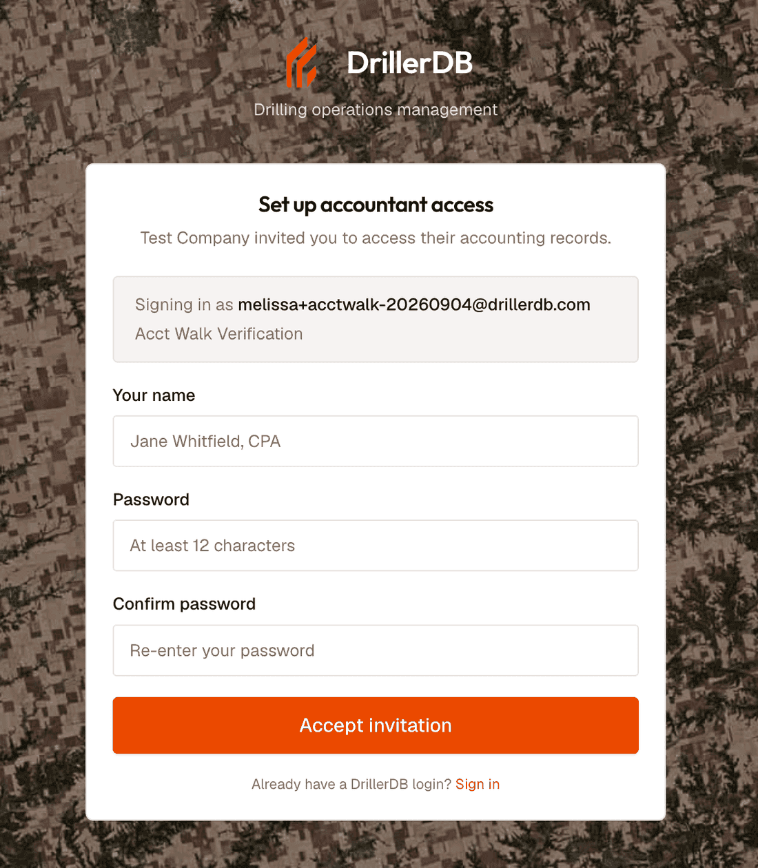 The Set up accountant access page. Under the DrillerDB logo, a card reads 'Test Company invited you to access their accounting records', shows the invited email address and name under 'Signing in as', and has fields for Your name (placeholder 'Jane Whitfield, CPA'), Password (placeholder 'At least 12 characters'), and Confirm password, above an orange Accept invitation button and a link reading 'Already have a DrillerDB login? Sign in'.