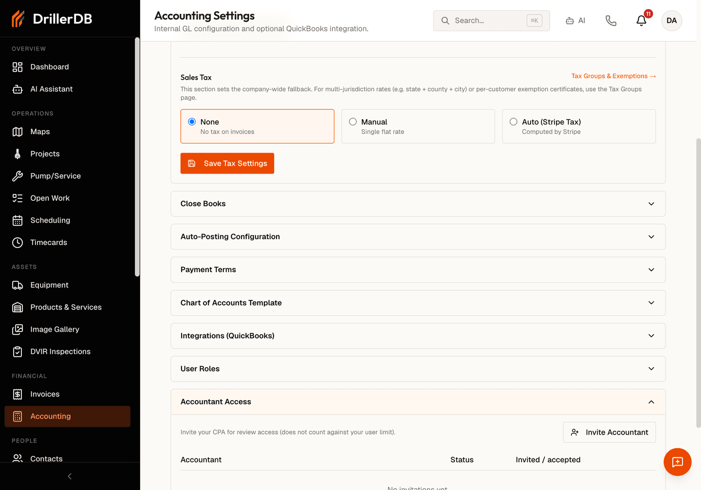 The Accounting Settings page in the DrillerDB console with the Accountant Access section expanded near the bottom of the page. Collapsed sections above it read Close Books, Auto-Posting Configuration, Payment Terms, Chart of Accounts Template, Integrations (QuickBooks), and User Roles, under a Sales Tax card set to None. The Accountant Access section shows the line 'Invite your CPA for review access (does not count against your user limit)', an Invite Accountant button on the right, and an empty table with the column headings Accountant, Status, and Invited / accepted.