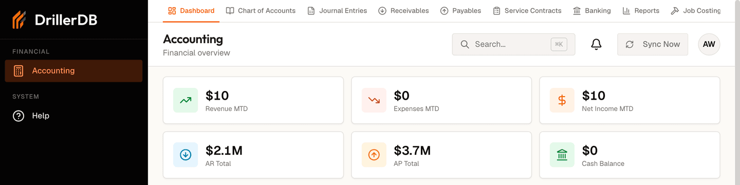 The DrillerDB console as an invited accountant sees it. The left navigation contains only two entries: Accounting under the heading FINANCIAL, and Help under the heading SYSTEM. Across the top of the Accounting page, captured before the Vendors tab was added, runs the start of the tab bar: Dashboard, Chart of Accounts, Journal Entries, Receivables, Payables, Service Contracts, Banking, Reports, and Job Costing, clipped at the right edge, above month-to-date revenue, expense, and net income tiles and A/R, A/P, and cash balance tiles.