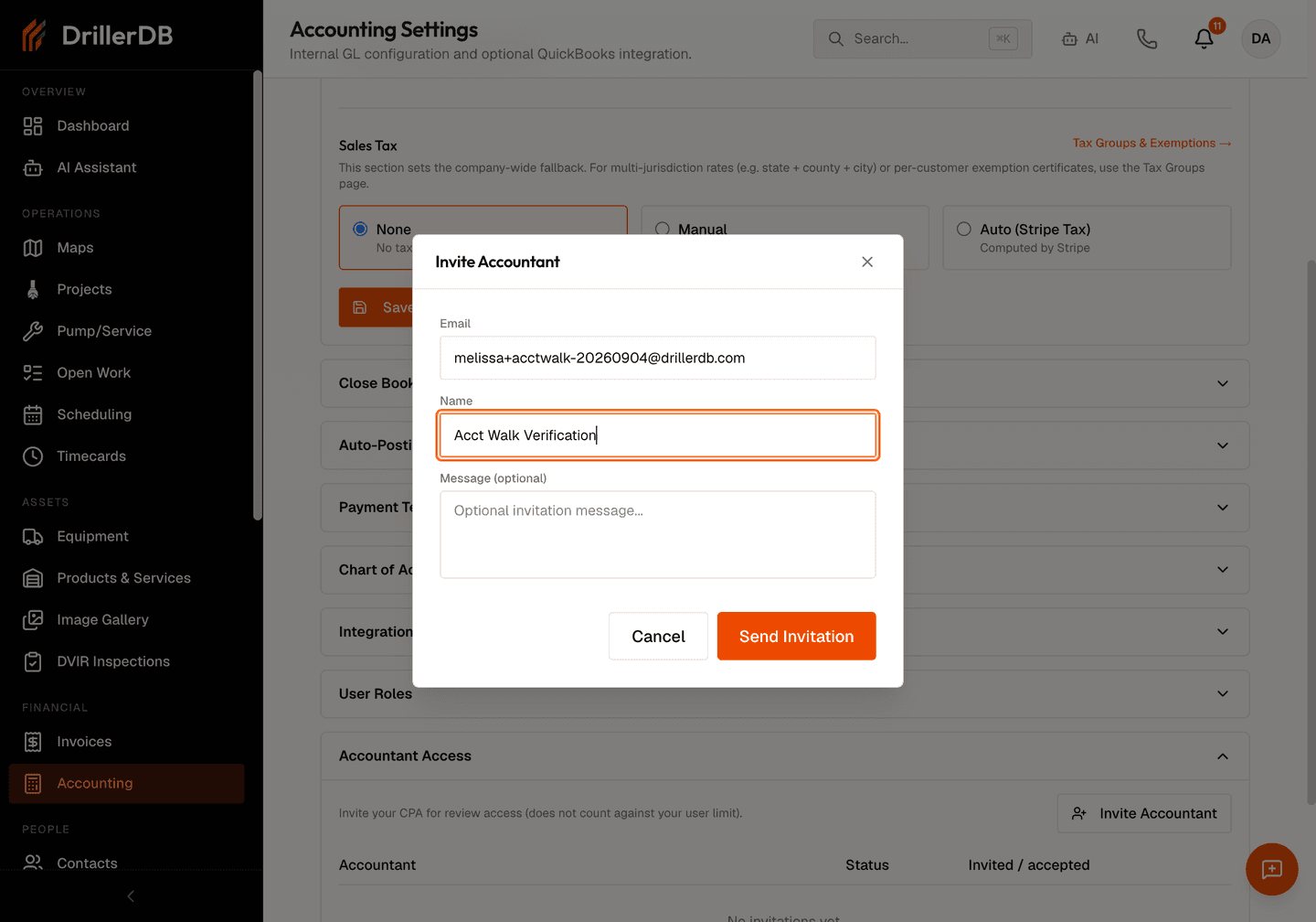 The Invite Accountant dialog open over the Accounting Settings page. It has an Email field filled with a test address, a Name field filled with 'Acct Walk Verification', an empty Message (optional) textarea showing the placeholder 'Optional invitation message...', and Cancel and Send Invitation buttons at the bottom right.