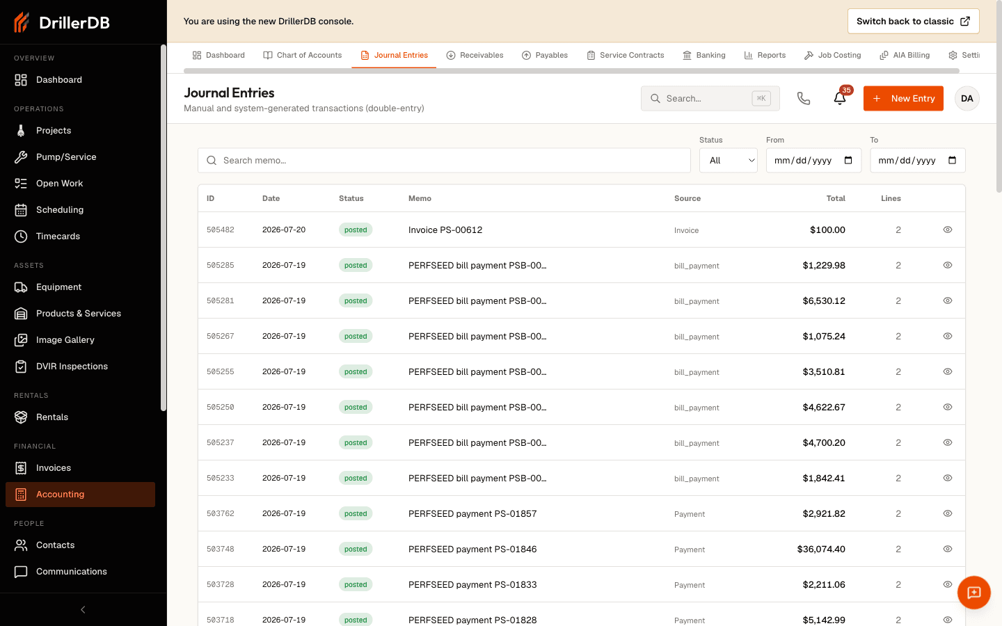 The Journal Entries tab with a New Entry button in the top-right. A Search memo field, a Status dropdown (set to All), and From/To date filters sit above the entries table. The table has columns for ID, Date, Status, Memo, Source, Total, and Lines, with rows such as Invoice PS-00612 and several PERFSEED bill payments and payments, each showing a green posted status badge, a two-line count, and a view (eye) icon.