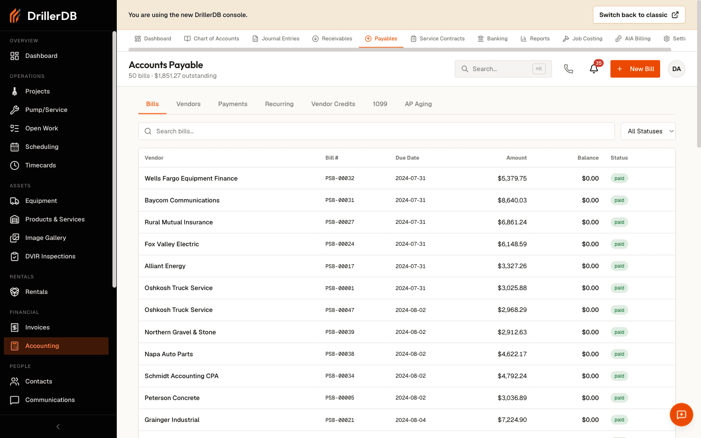 The Accounts Payable page on the Bills tab, with sibling tabs Vendors, Payments, Recurring, Vendor Credits, 1099, and AP Aging. A New Bill button sits in the top-right and a Search bills field with an All Statuses filter runs above the table. The bills table lists vendors such as Wells Fargo Equipment Finance, Baycom Communications, and Fox Valley Electric with columns for Vendor, Bill #, Due Date, Amount, Balance ($0.00), and a green paid Status badge.