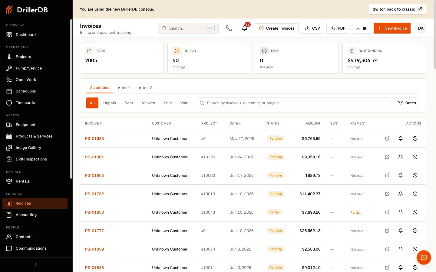 The console Invoices list, subtitled Billing and payment tracking, with New Invoice, CSV, PDF, and IIF buttons in the header. Four summary cards show Total (2005), Unpaid, Paid, and Outstanding ($419,306.74). Filter tabs (All, Unpaid, Sent, Viewed, Paid, Void) and a search box sit above the invoice table, which lists invoices such as PS-01683 and PS-01861 with columns for Invoice #, Customer, Project, Date, Status (Pending or Partial badges), Amount, Sent, Payment, and row Actions.