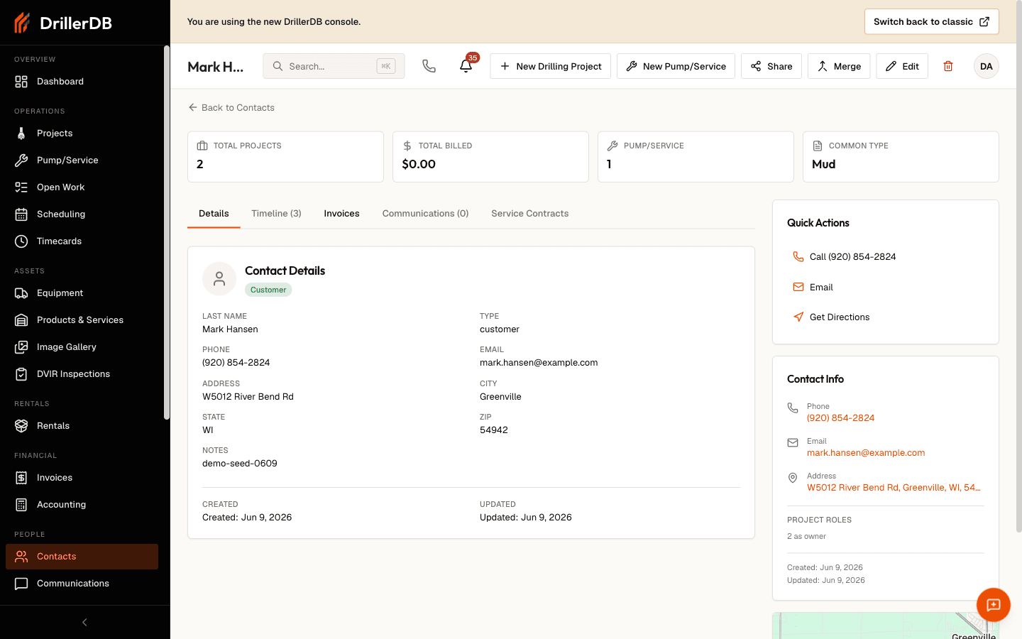 A contact detail page showing the four-card stats bar (Total Projects, Total Billed, Pump/Service, Common Type), the Details/Timeline/Invoices/Communications/Service Contracts tabs, the Contact Details panel, and the Quick Actions and Contact Info sidebar