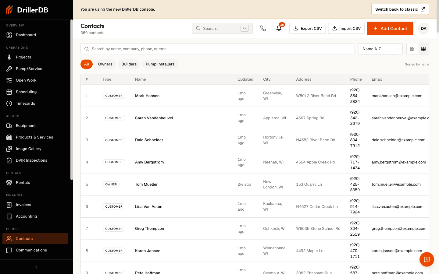 The Contacts list in table view, showing the search bar, All/Owners/Builders/Pump Installers filter chips, the Name A-Z sort dropdown, and columns for Type, Name, Updated, City, Address, Phone, and Email