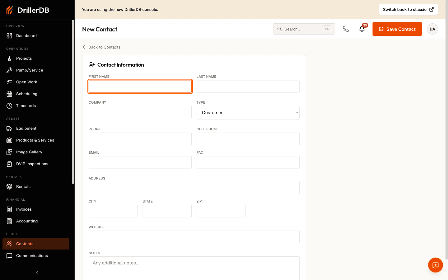 The New Contact form showing First Name, Last Name, Company, and Type fields, with Phone, Cell Phone, Email, Fax, address fields, Website, and Notes, plus the Save Contact button in the header