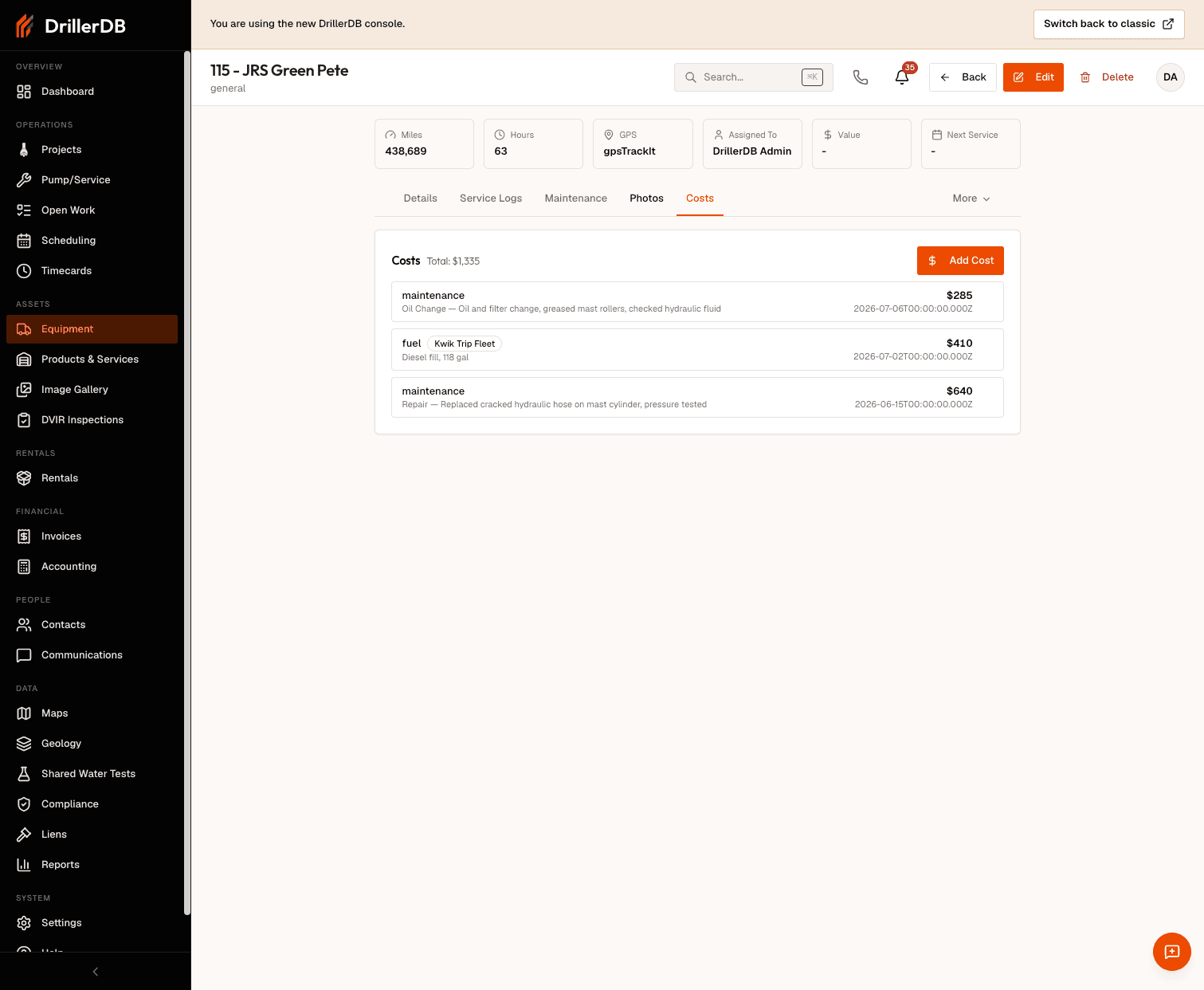 The Costs tab of an equipment record, with the Add Cost button and the cost-history area that totals every recorded entry for the unit