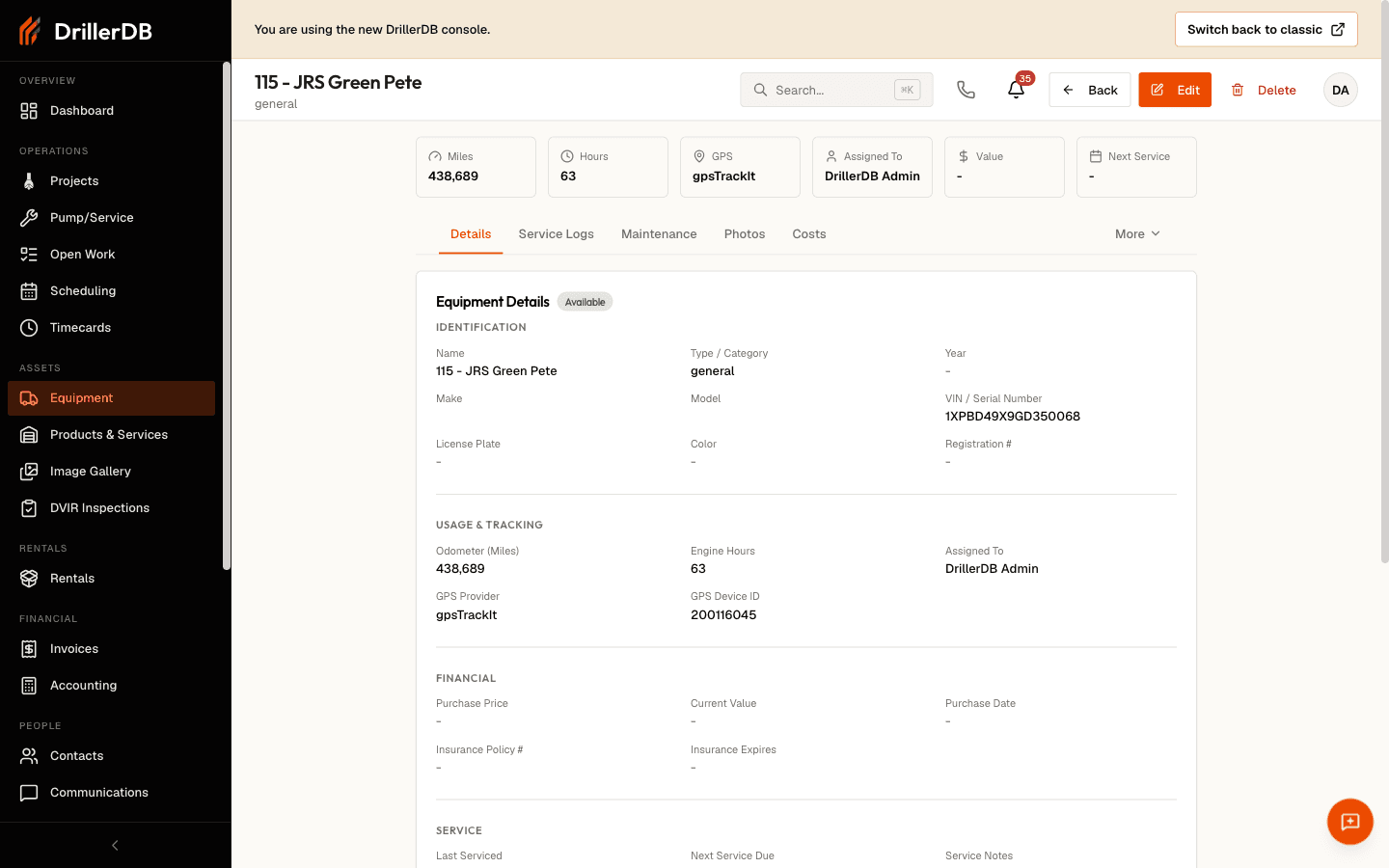 An equipment detail page with Miles, Hours, GPS, Assigned To, Value, and Next Service summary cards above the Details, Service Logs, Maintenance, Photos, and Costs tabs (plus a More overflow), showing the Equipment Details identification, usage, and financial fields