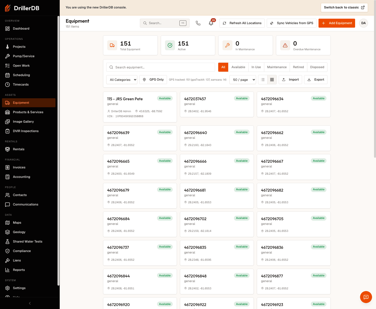 The Equipment list showing Total Equipment, Active, In Maintenance, and Overdue Maintenance summary cards, the All/Available/In Use/Maintenance/Retired/Disposed status filters with an All Categories dropdown and GPS Only toggle, and rows with Name, Category, Status, Miles, Hours, Assigned, Last Serviced, Cost YTD, and Sync Status columns