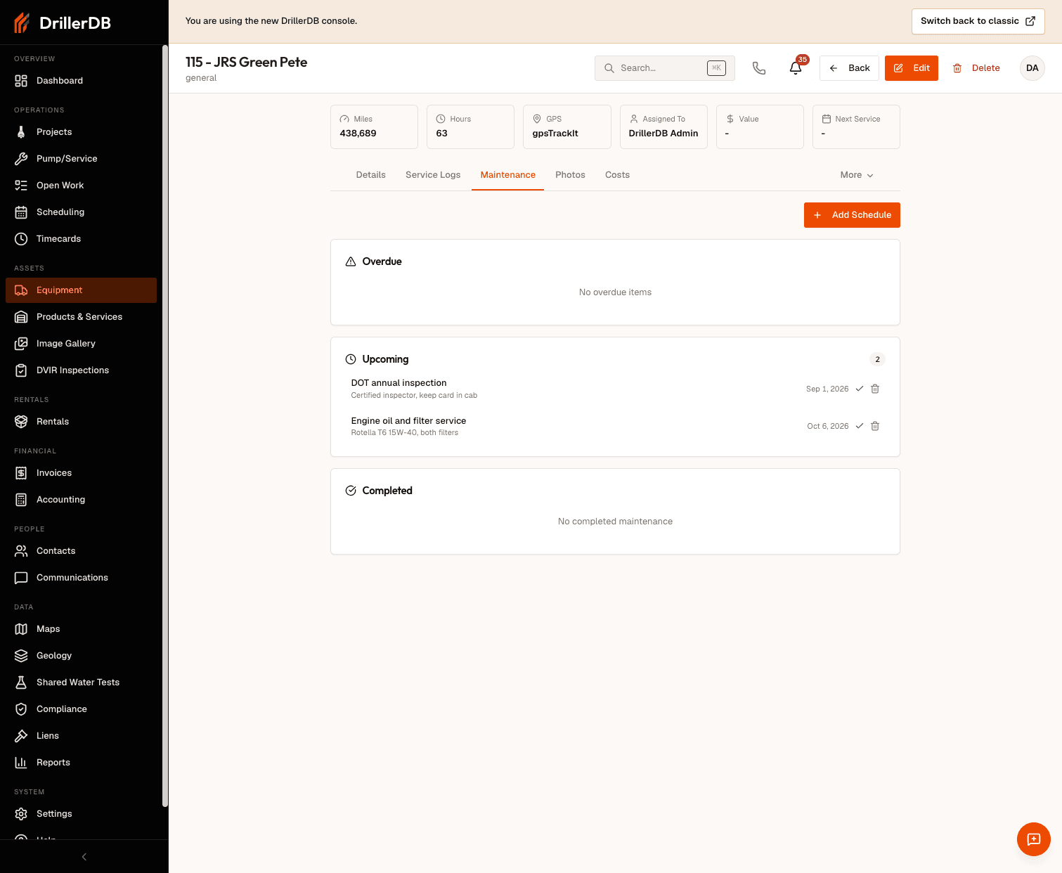 The Maintenance tab of an equipment record, where the Overdue group at the top lists any task whose due date has already passed, above the Upcoming and Completed groups