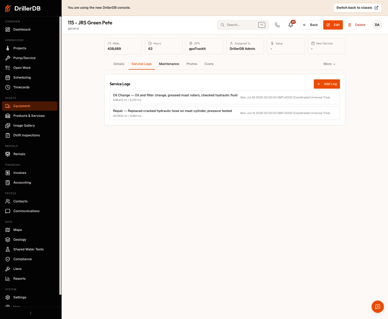 The Service Logs tab of an equipment record, with the Add Log button and the running service-history area where each logged entry appears in date order