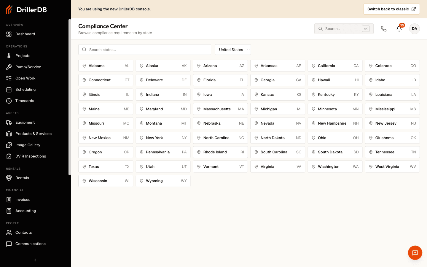 The Compliance Center, which lists every U.S. state as a card in a grid with its two-letter abbreviation, plus a state search box and a country selector, so you can browse compliance requirements by state.