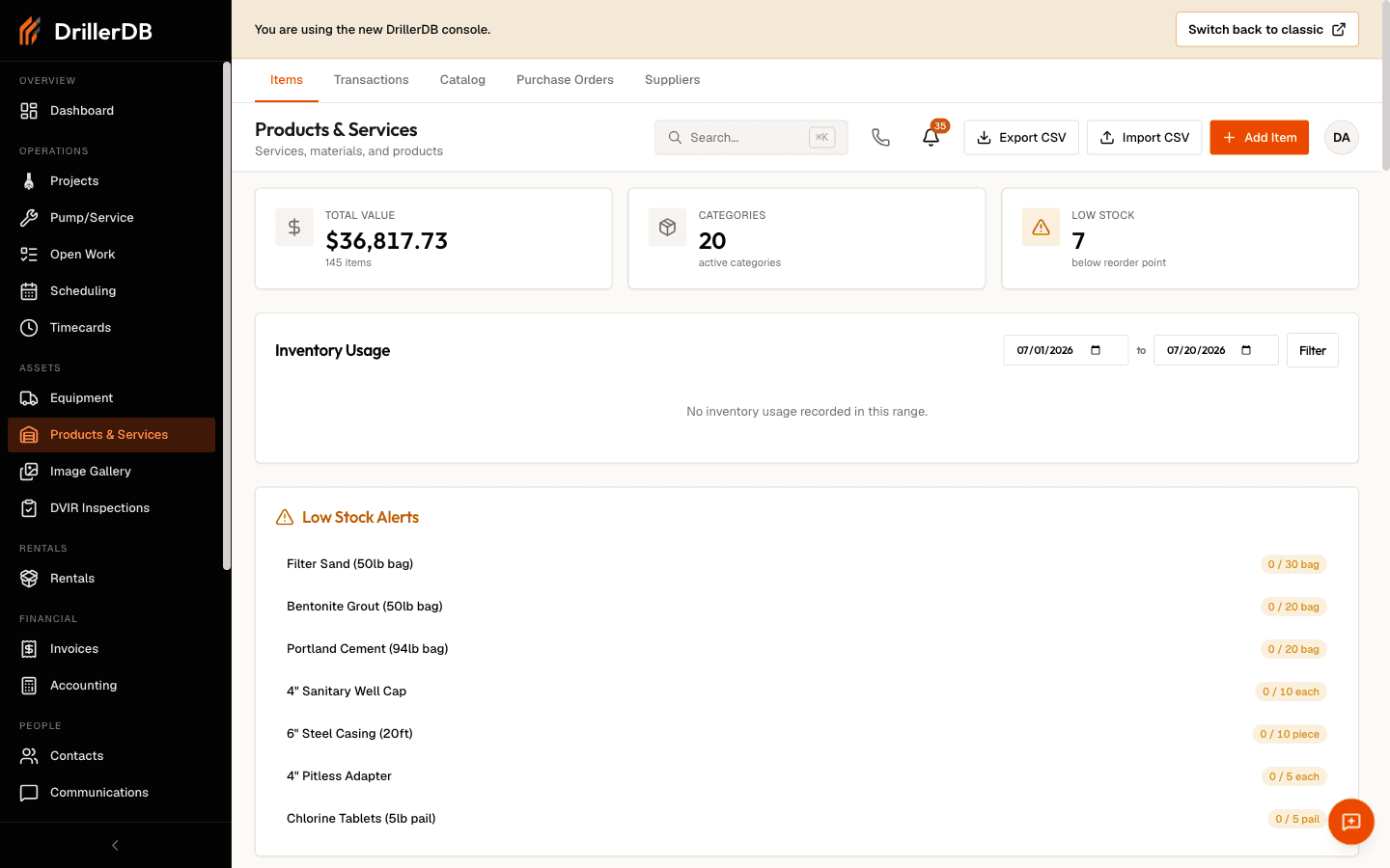 The Products & Services Items tab showing Total Value, Categories, and Low Stock summary cards, the Inventory Usage chart with a date range, and a Low Stock Alerts list, with the Items/Transactions/Catalog/Purchase Orders/Suppliers tabs across the top