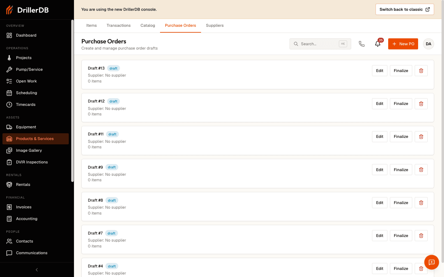 The Purchase Orders tab listing purchase order drafts, each showing its draft number, status badge, supplier, and item count, with Edit, Finalize, and delete actions on every row and a New PO button in the header