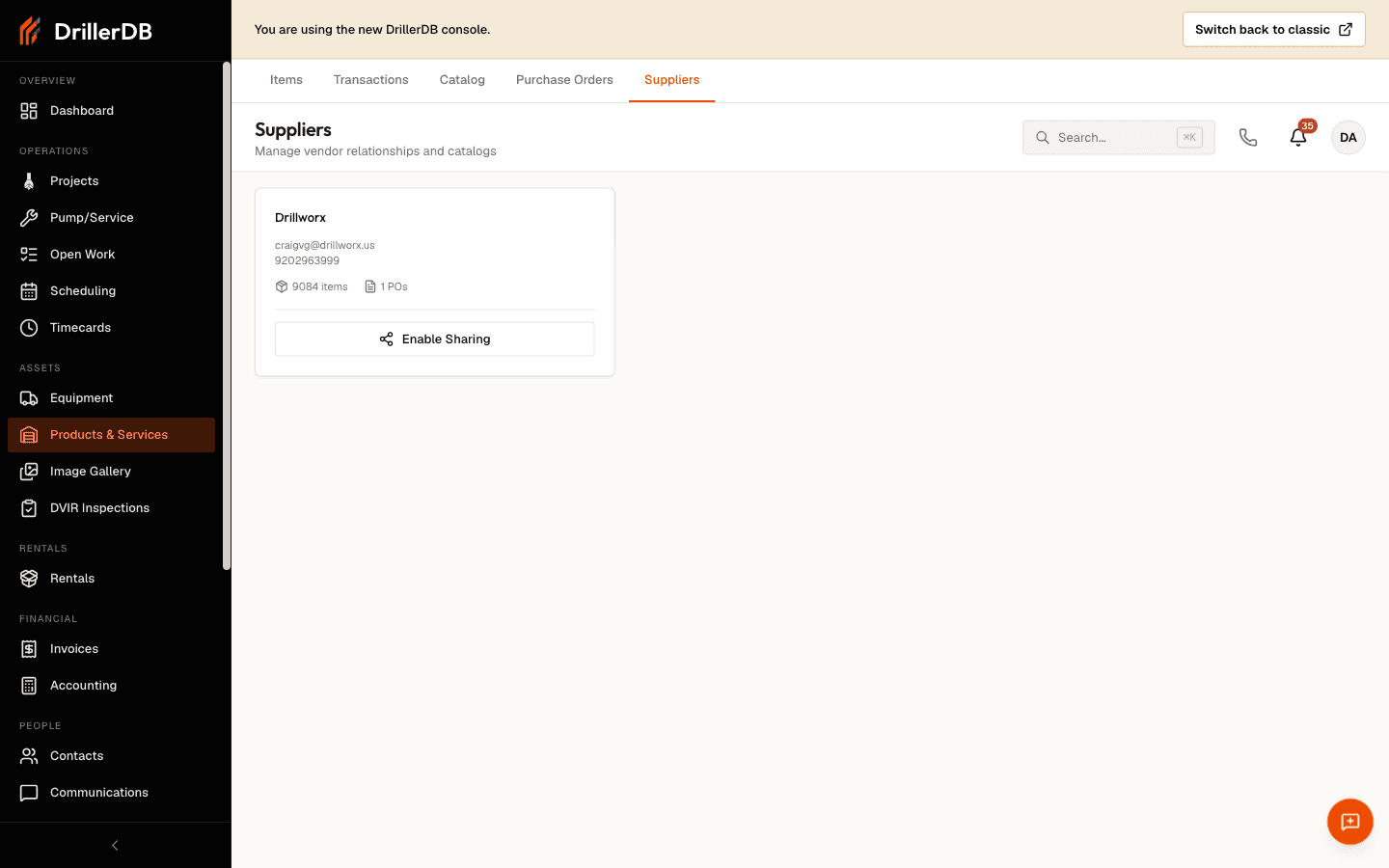 The Suppliers tab showing a connected supplier card with the vendor's email, phone, catalog item count, and PO count, plus an Enable Sharing button to share the supplier's catalog with your account