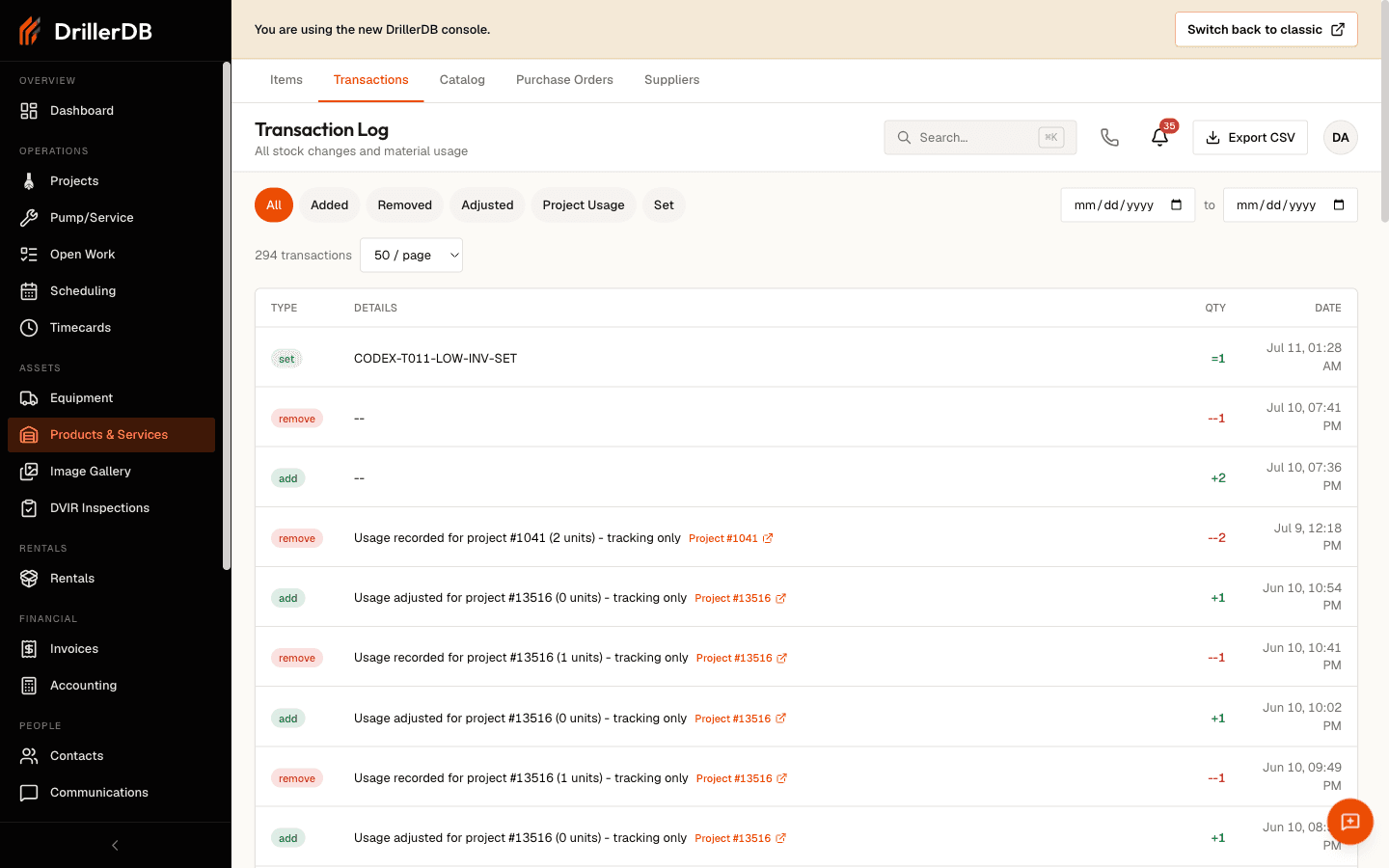 The Transaction Log showing the All/Added/Removed/Adjusted/Project Usage/Set filter chips, a date range, and rows with Type, Details, Qty, and Date columns - including project-usage entries that link back to their project
