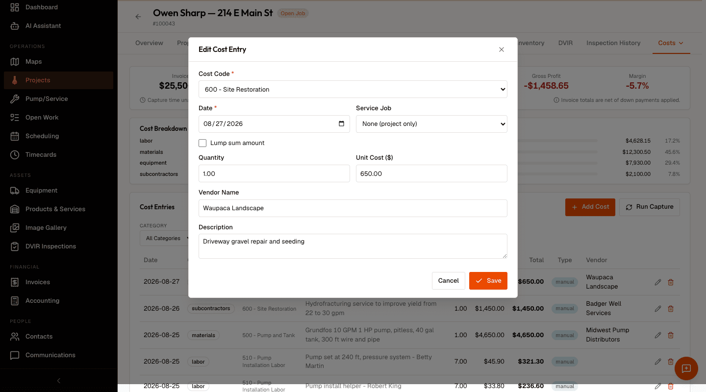 The Edit Cost Entry dialog over a project's Costs tab. Cost Code reads '600 - Site Restoration', the Date field is filled with 08/27/2026, Service Job reads 'None (project only)', a Lump sum amount checkbox is unticked, Quantity is 1.00, Unit Cost is 650.00, Vendor Name is 'Waupaca Landscape', and Description reads 'Driveway gravel repair and seeding', above Cancel and Save buttons.