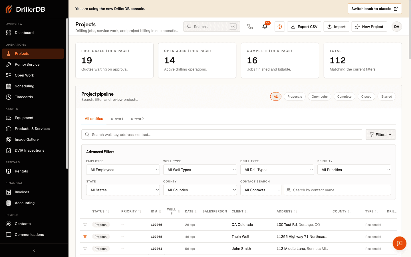 The Advanced Filters panel expanded above the project list, with dropdowns for Employee, Well Type, Drill Type, Priority, State, and County, plus a Contact Search field.