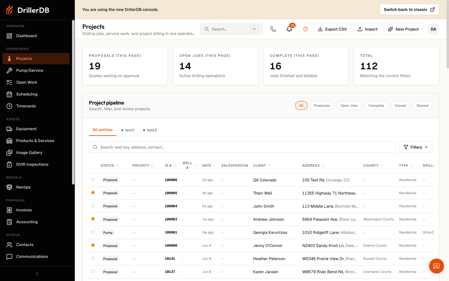 The Projects page with summary cards for Proposals, Open Jobs, Complete, and Total across the top, the All / Proposals / Open Jobs / Complete / Closed / Starred status pills on the Project pipeline, and the project table below showing status, priority, ID, date, client, address, county, and type columns.