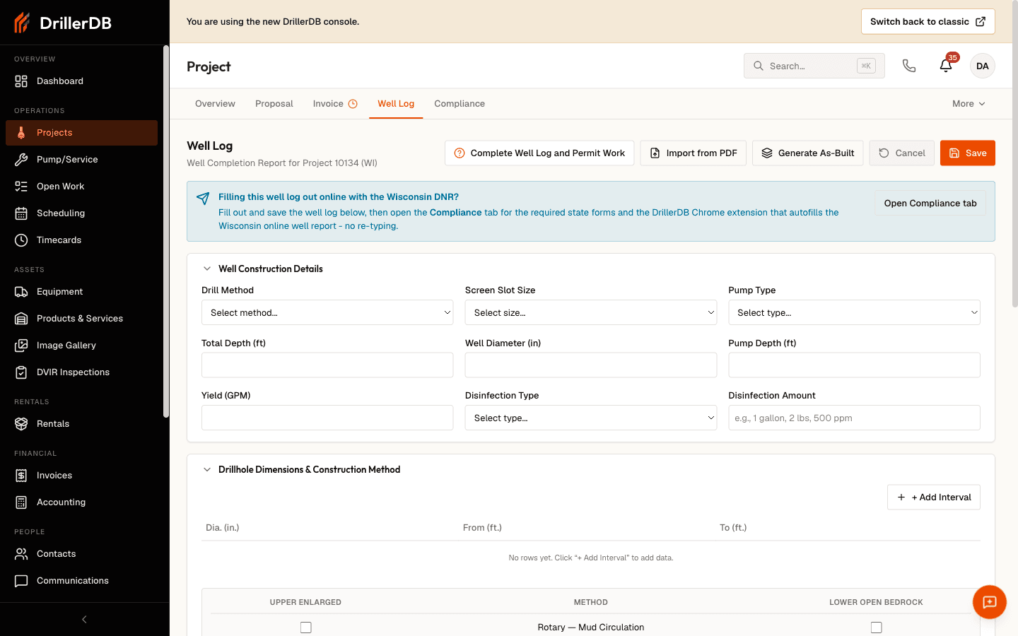 The Well Log tab of a project, showing the Well Completion Report header with the Complete Well Log and Permit Work, Import from PDF, Generate As-Built, and Save buttons, the Well Construction Details section (Drill Method, Screen Slot Size, Pump Type, Total Depth, Well Diameter, Pump Depth, Yield, Disinfection Type and Amount), and the start of the Drillhole Dimensions and Construction Method section below it.