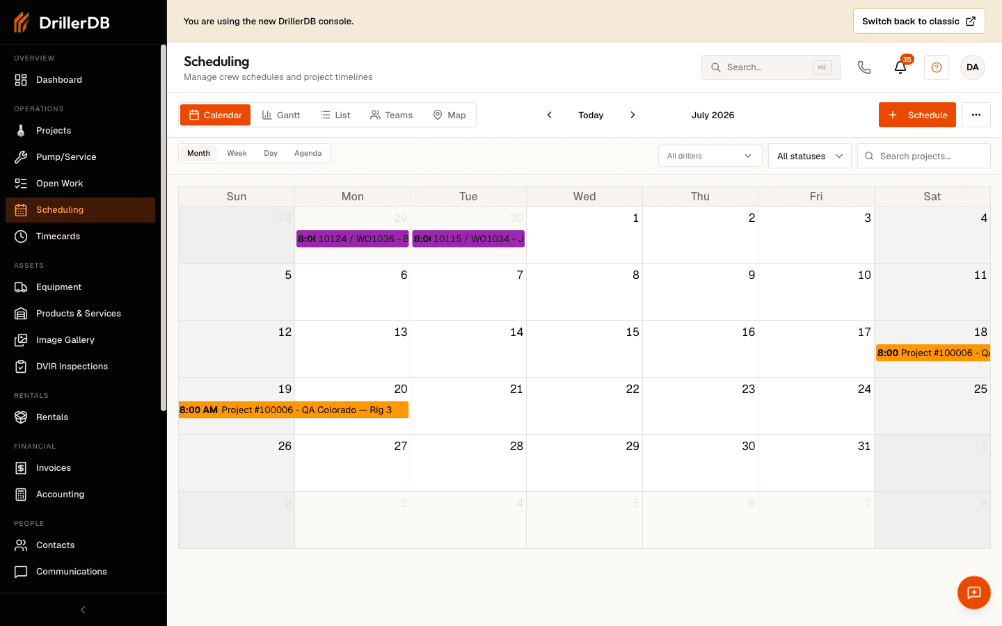 The Scheduling Calendar view in Month mode, with the Month/Week/Day/Agenda mode buttons, previous/Today/next navigation, and colored project events placed on their scheduled days