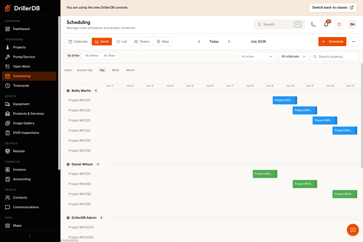 The Scheduling Gantt view grouped By Driller, with the By Driller/By Status/By Team grouping buttons and the Quarter Day/Day/Week/Month zoom controls, showing colored project bars laid out on a dated timeline under each driller's lane