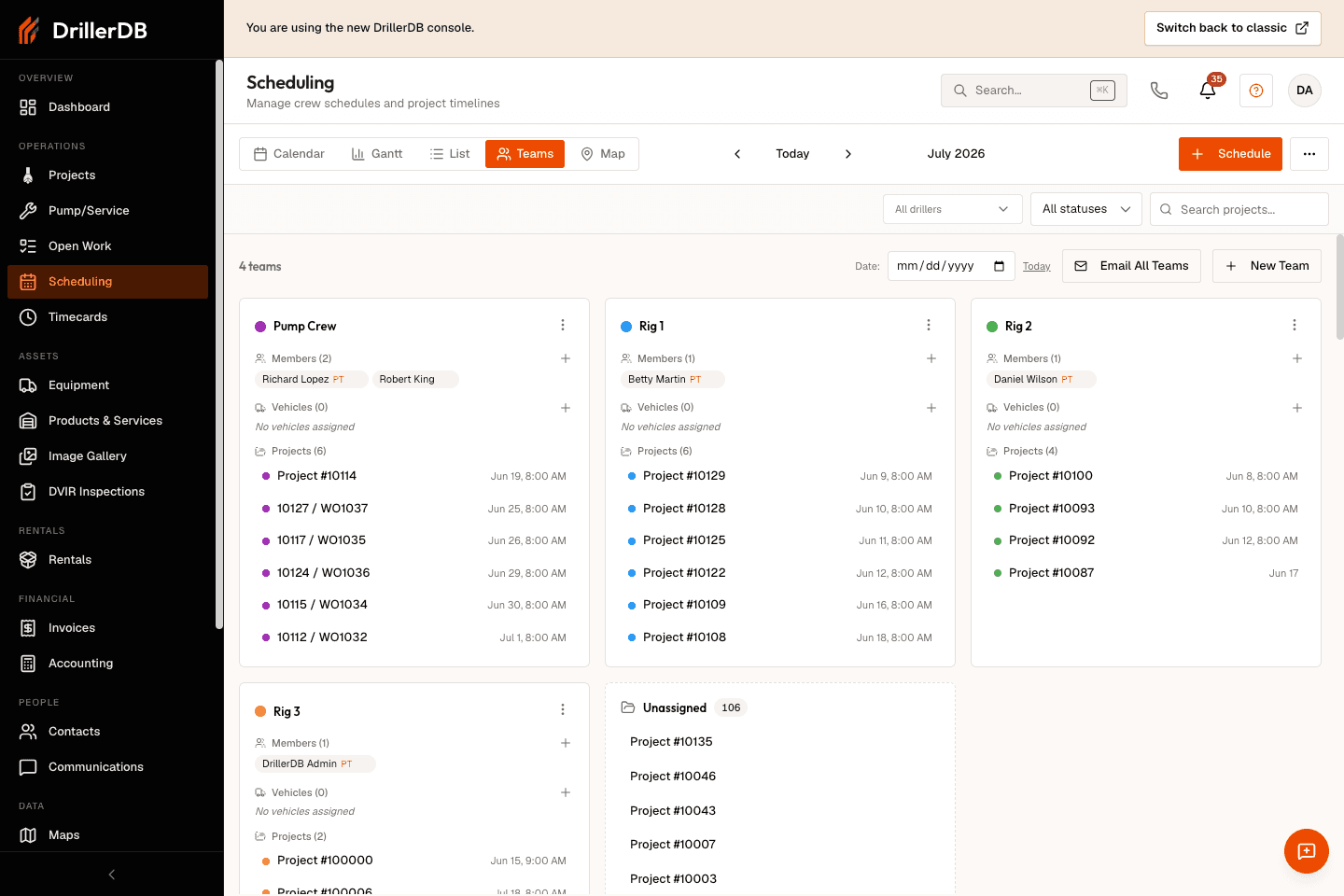 The Scheduling Teams view showing team cards for Pump Crew, Rig 1, Rig 2, and Rig 3, each listing members, assigned vehicles, and scheduled projects with dates, plus an Unassigned bucket and Email All Teams and New Team actions