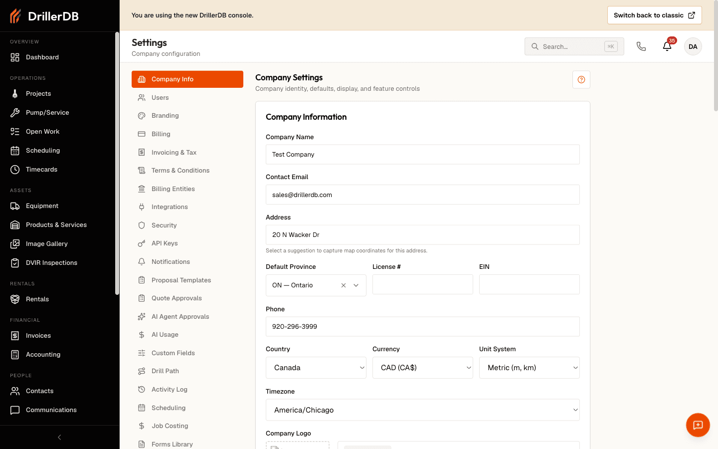 The console Settings page on the Company Info tab. A left-hand settings menu lists sections including Company Info, Users, Branding, Billing, Invoicing & Tax, Integrations, Security, Notifications, and more. The Company Settings panel on the right holds the Company Information form with fields for Company Name, Contact Email, Address, Default Province, License #, EIN, Phone, Country, Currency, Unit System, Timezone, and a Company Logo uploader.