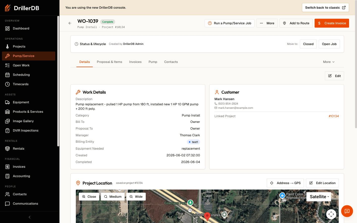 A Pump/Service work order (WO-1039) open on its Details tab: the header with the work-order number, Complete status badge, and Run a Pump/Service Job, More, Add to Route, and Create Invoice buttons; the Status & lifecycle card with a Move to control; the Details / Proposal & Items / Invoices / Pump / Contacts tabs; and the Work Details and Customer cards.